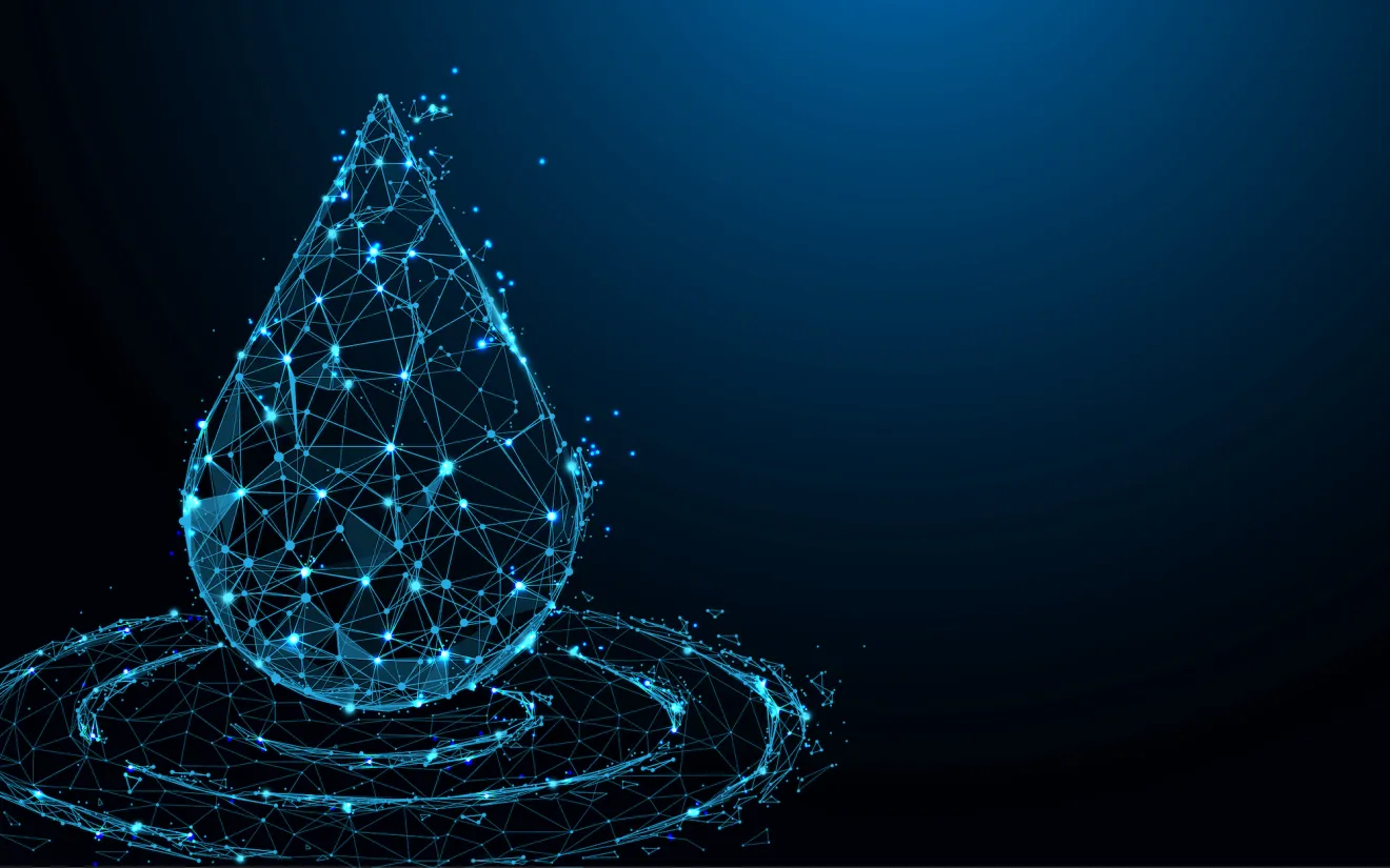Goccia d'acqua su fondo blu per rappresentare la digitalizzazione degli acquedotti
